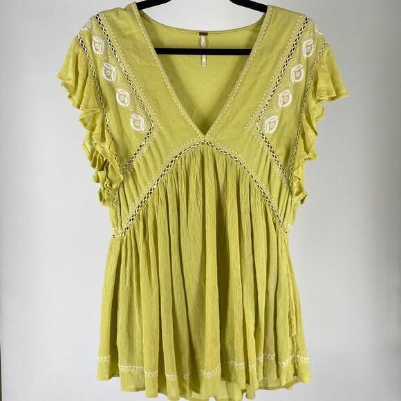 Chic Bohemian Style Free People Blouse - Soft Yellow with Embroidery - Picture 3 of 4